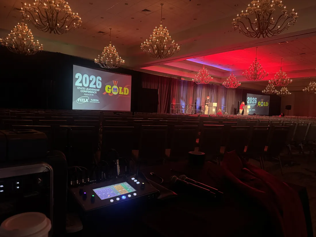 Ballroom event in Orlando with screens and audio console