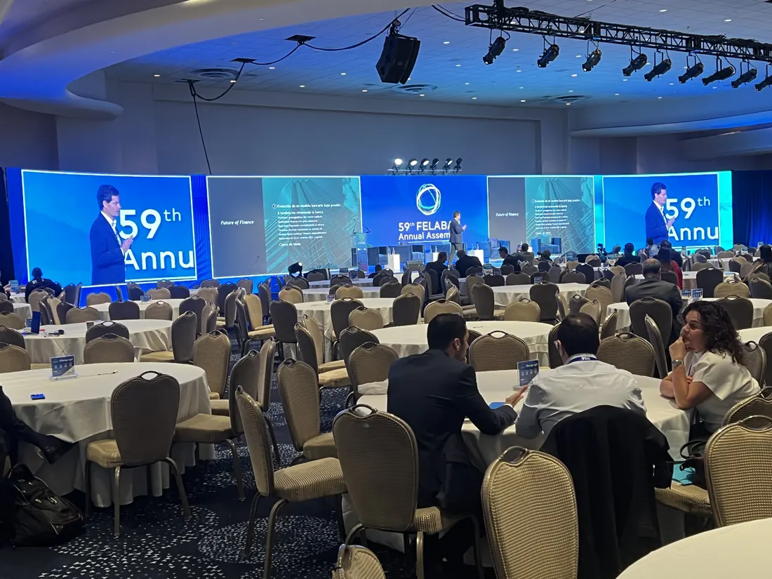 Annual assembly with LED wall and speaker on screen at the Fontainebleau